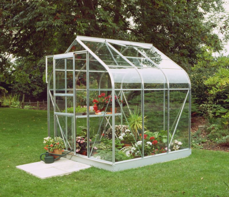 BandQ Curved Short Pane Aluminium Greenhouse With Toughened Glass and Base - 6 x 6 Model