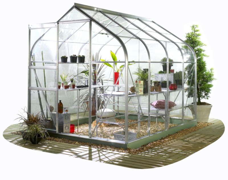 BandQ Curved Short Pane Aluminium Greenhouse With Toughened Glass and Base - 8 x 6 Model