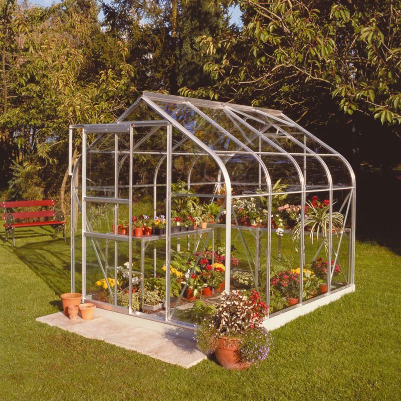 BandQ Curved Short Pane Greenhouse With Horticultural Glass and Base Green Painted Finish - 4 x 6 Model