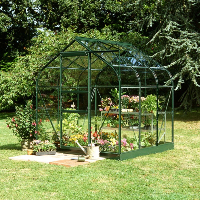 BandQ Curved Short Pane Greenhouse With Horticultural Glass and Base Green Painted Finish - 6 x 6 Model
