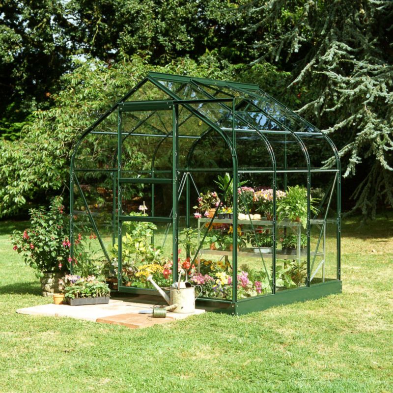 BandQ Curved Short Pane Greenhouse With Toughened Glass and Base Green Painted Finish - 6 x 6 Model