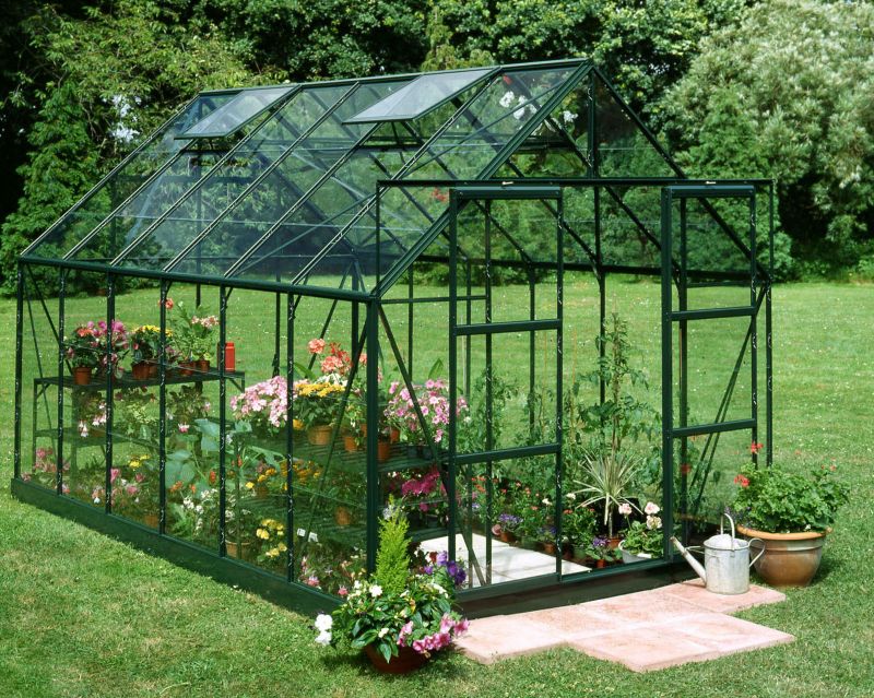 Save on this Model 14x8 - 8ft Double Door Greenhouse - Green Painted Frame + Horticultural Glass + Base