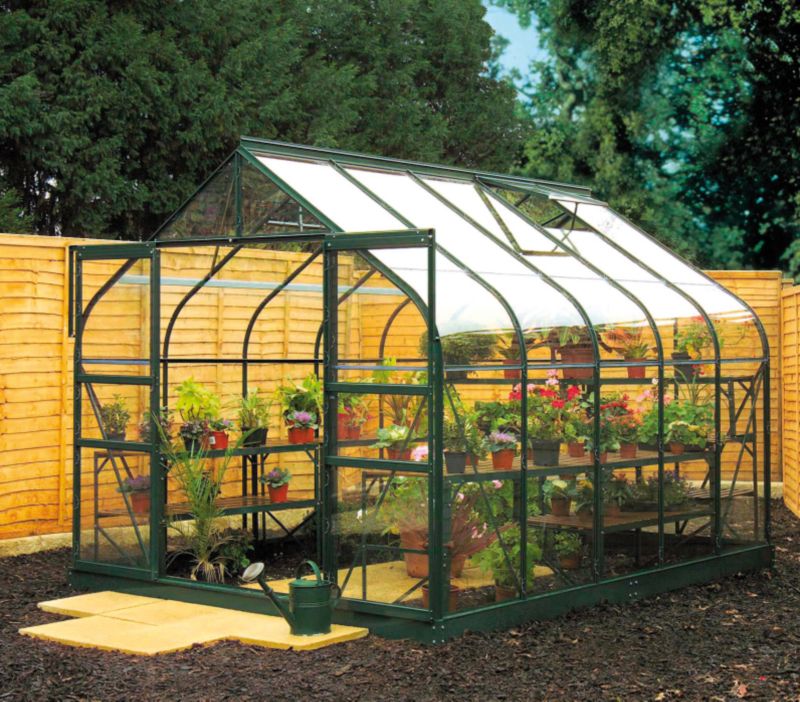 Save on this Model 6x8 - 8ft Curved Greenhouse - Green Painted Frame + Toughened Glass + Base