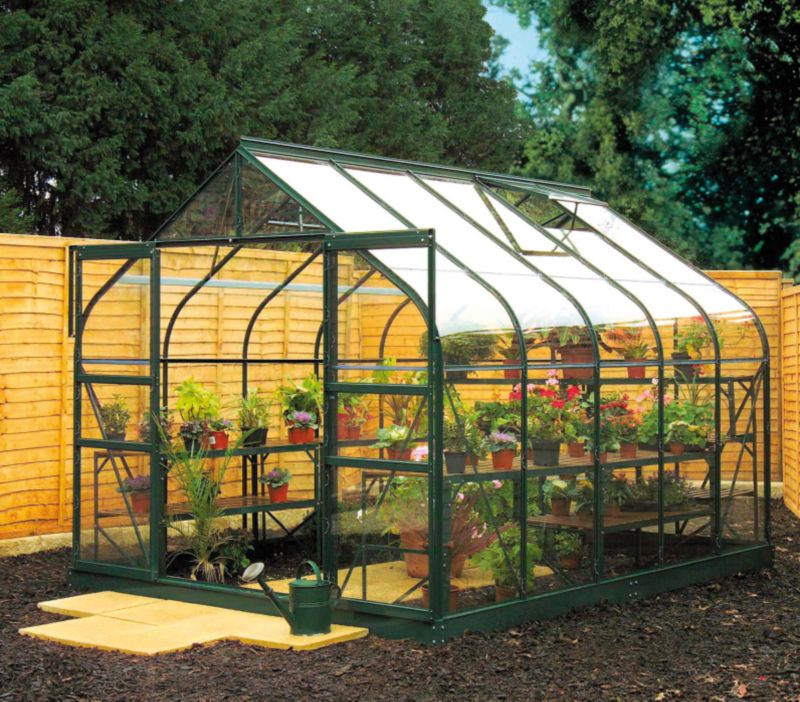 Model 6x8 - 8ft Curved Greenhouse - Green Painted Frame + Toughened Glass + Base