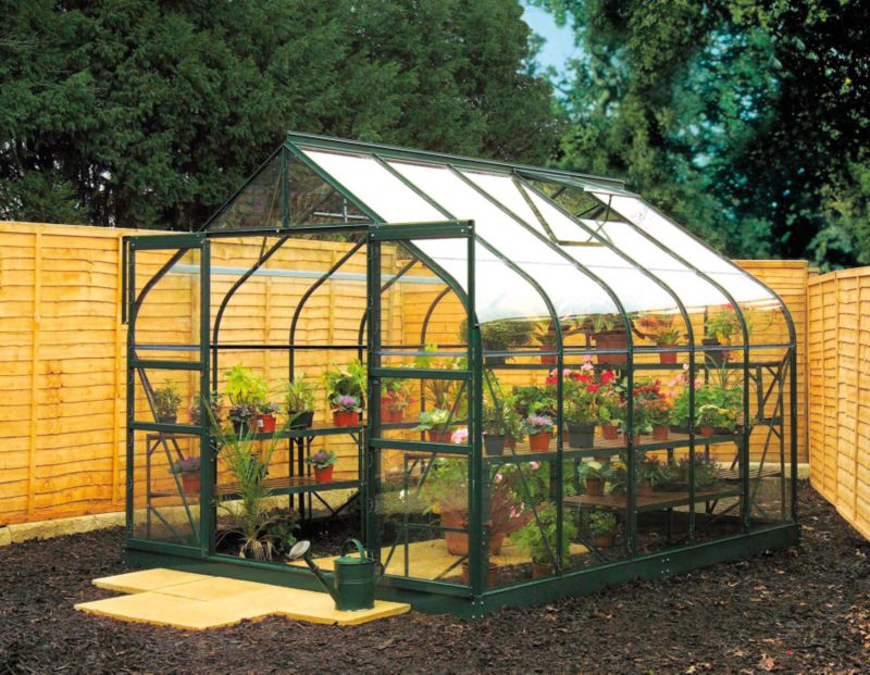 Model 8x8 - 8ft Curved Greenhouse - Green Painted Frame + Toughened Glass + Base