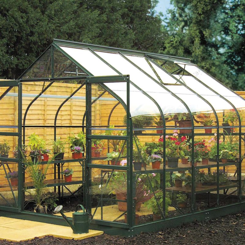 Model 10x8 - 8ft Curved Greenhouse - Green Painted Frame + Toughened Glass + Base