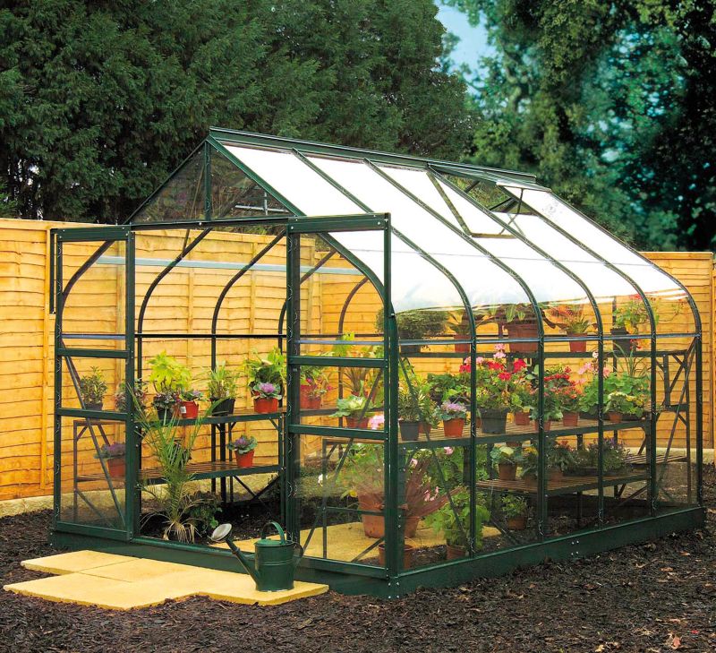 Model 14x8 - 8ft Curved Greenhouse - Green Painted Frame + Toughened Glass + Base