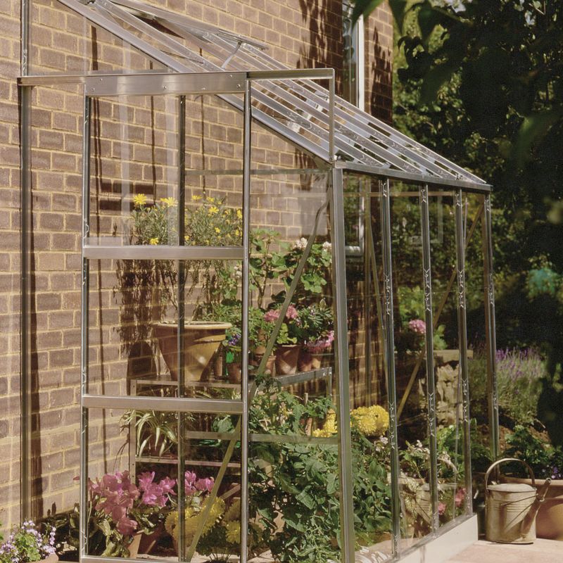 BandQ Straight Lean-To Greenhouse With Toughened Glass and Base Green Painted Finish - 8 x 4 Model