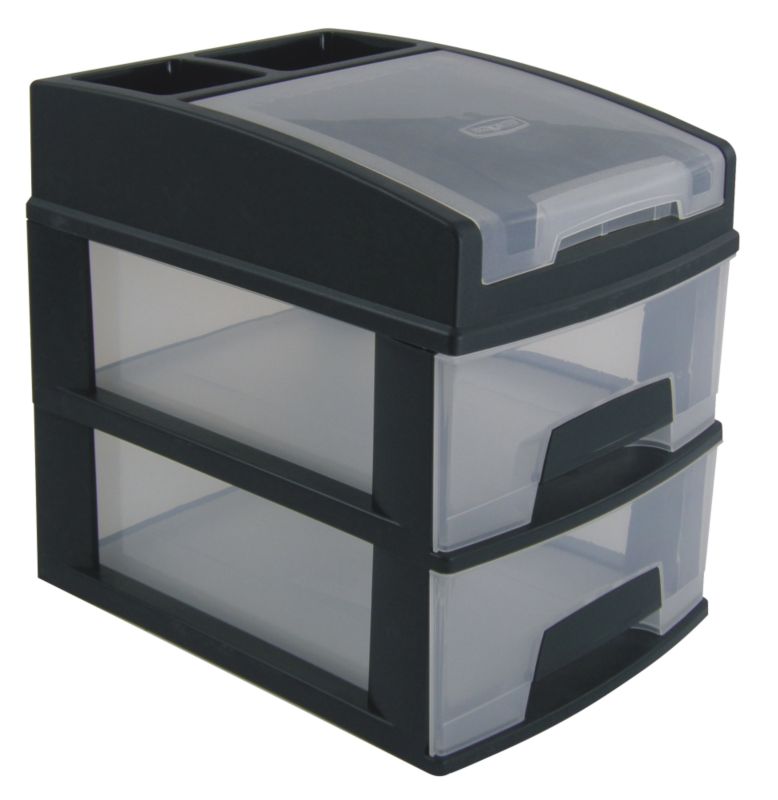 BandQ Core Mini Tower Top Organiser 2 Drawer Includes Lid Black
