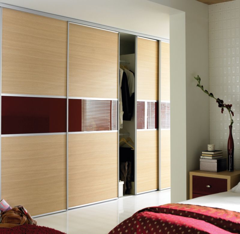 Alternative image for 2 Door Wardrobe Cabinet & Door Oak Style/Maroon Glass