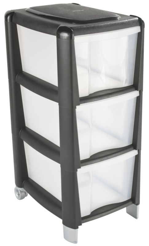 BandQ 3 Drawer Slim Tower Unit Black FrameClear Drawers
