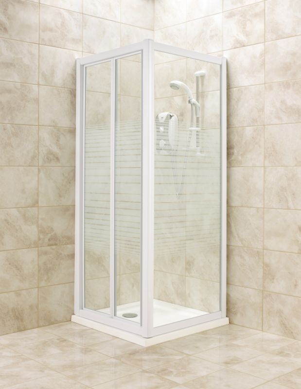 Bi Fold Door Shower Enclosure White FrameStriped Glass 760mm