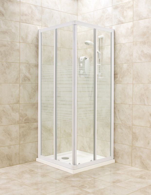 Corner Entry Shower Enclosure WhiteFrame/Striped Glass 760mm