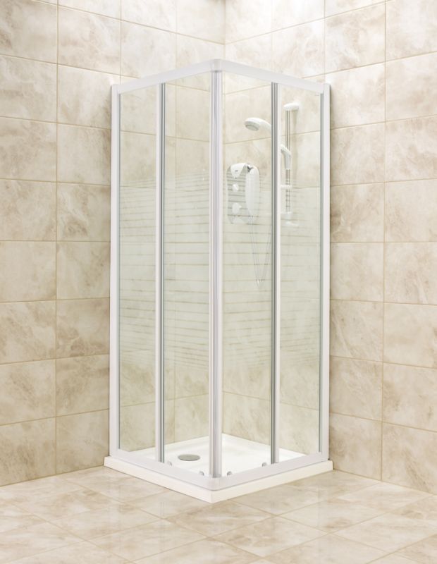 Corner Entry Shower Enclosure WhiteFrame/Striped Glass 800mm