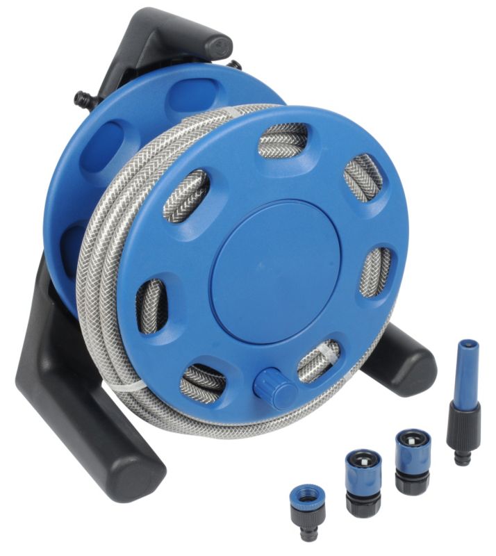 BandQ Compact Hose Reel With 15 Metres Of Hose Fittings and Nozzle BlueBlack