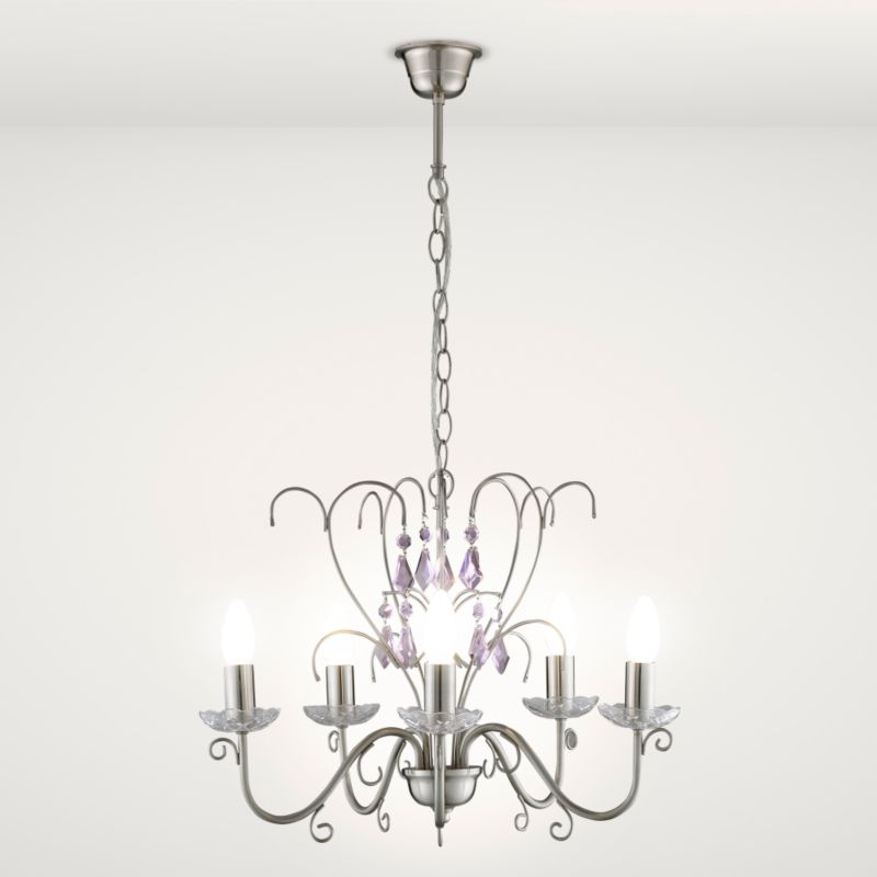 Lights by B&Q Lizzy Five Lamp Chandelier Brushed Chrome Effect With Glass Droplet Decoration