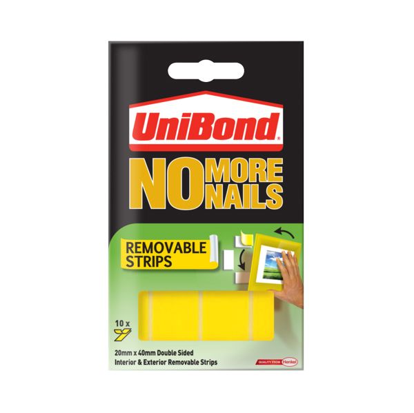 UniBond No More Nails Removable Strips Instant Grab Tape 10 Strips 20mm x 4cm