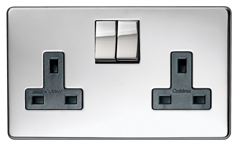 Crabtree Platinum Double (2 Gang) Switched Socket 13A Chrome Plated / Black Interior