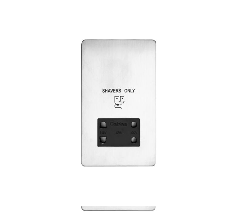 Crabtree Platinum Shaver Socket Dual Voltage 115V230V Stainless Steel Effect Black Interior