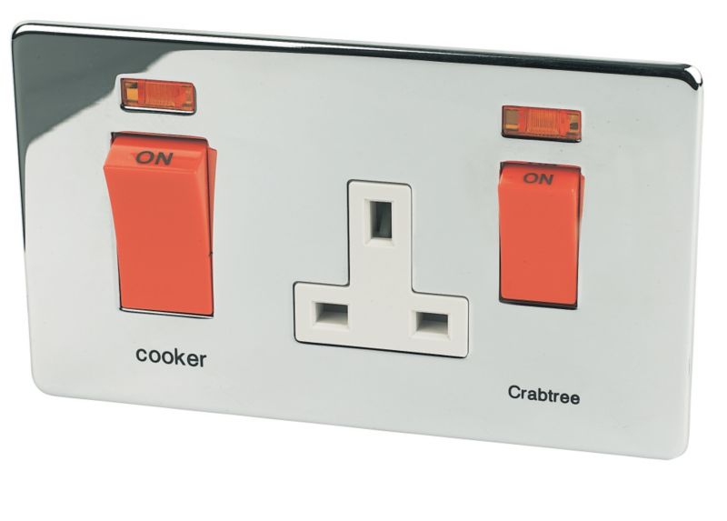 45A Double Pole Cooker Control Unit and 13A Socket with Neons in Polished Chrome