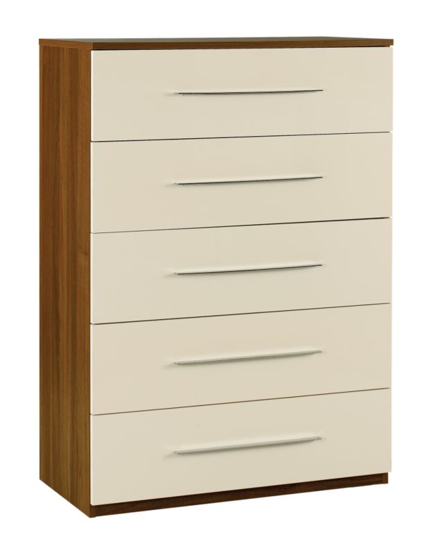 Walnut Style 5 Drawer Chest Cream Gloss