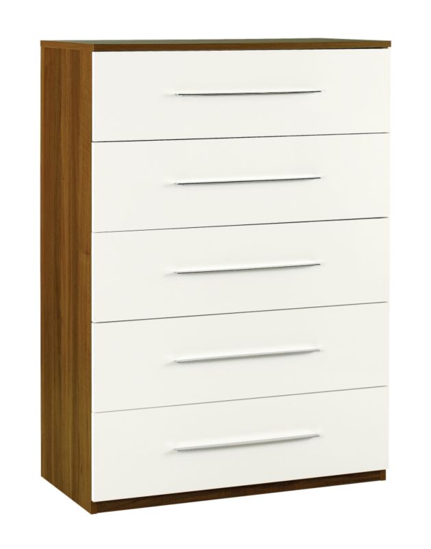 Walnut Style 5 Drawer Chest White Gloss