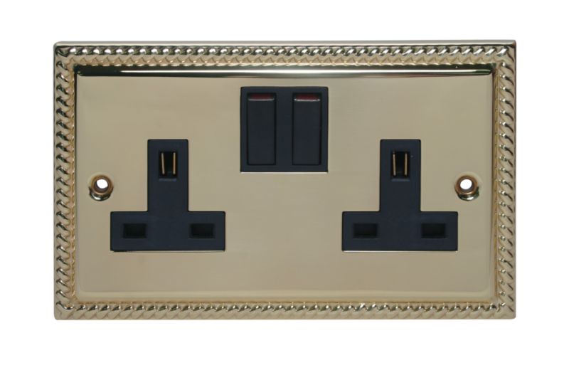 Volex Double Switched Socket Georgian Style Brass EffectBlack Insert