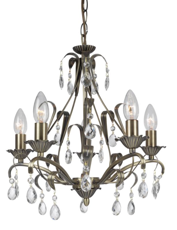 Orne 5 Light Teardrop Pendant with Glass Drops Antique Brass Effect