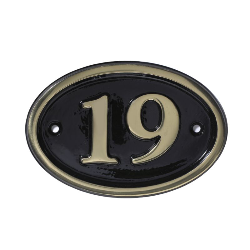 House Nameplate Company Brass House Number 19 Oval Black H12 x W16 x D2cm