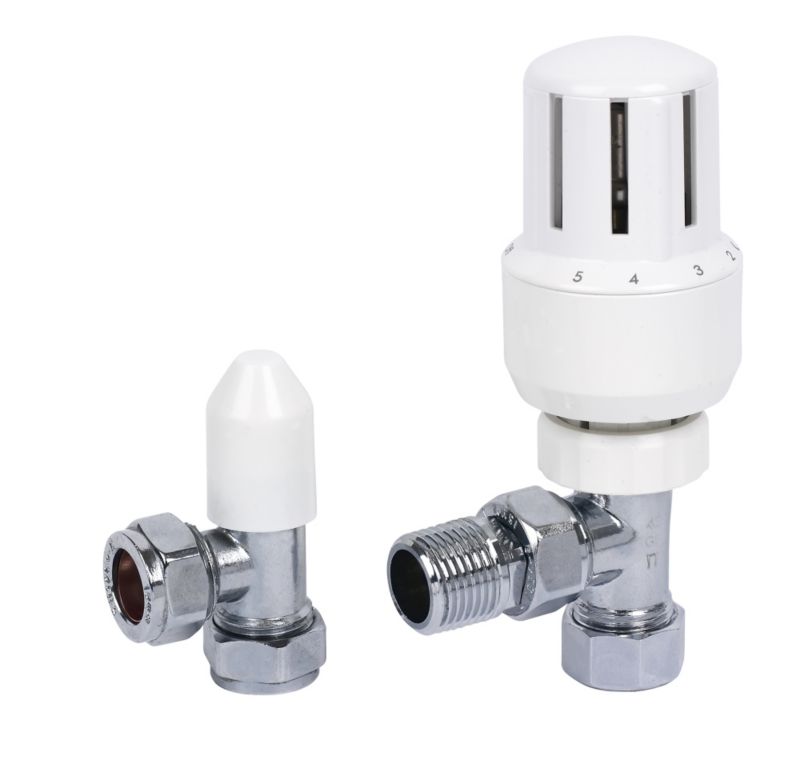 White 15mm Angled Thermostatic Radiator Valve and Lockshield