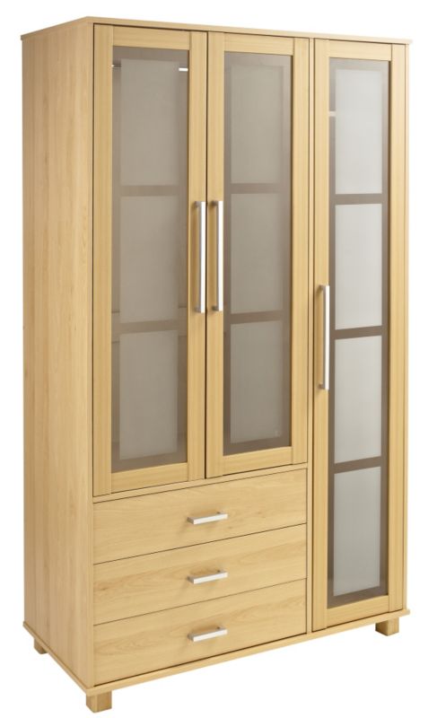 3 Door 3 Drawer Glass Wardrobe Beech