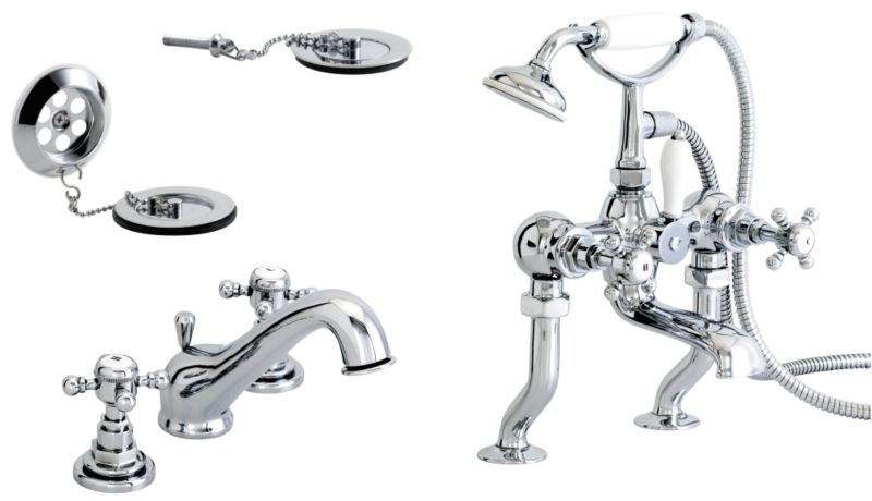 Gloucester Three Tap Hole Basin Mixer Tap And BathShower Mixer Tap Pack Chrome Effect
