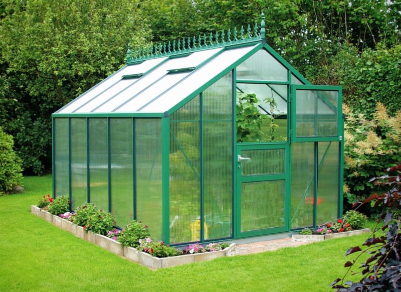 Model 9x10 - Premium Green Greenhouse - Green Aluminium Frame + Horticultural Glass + Base