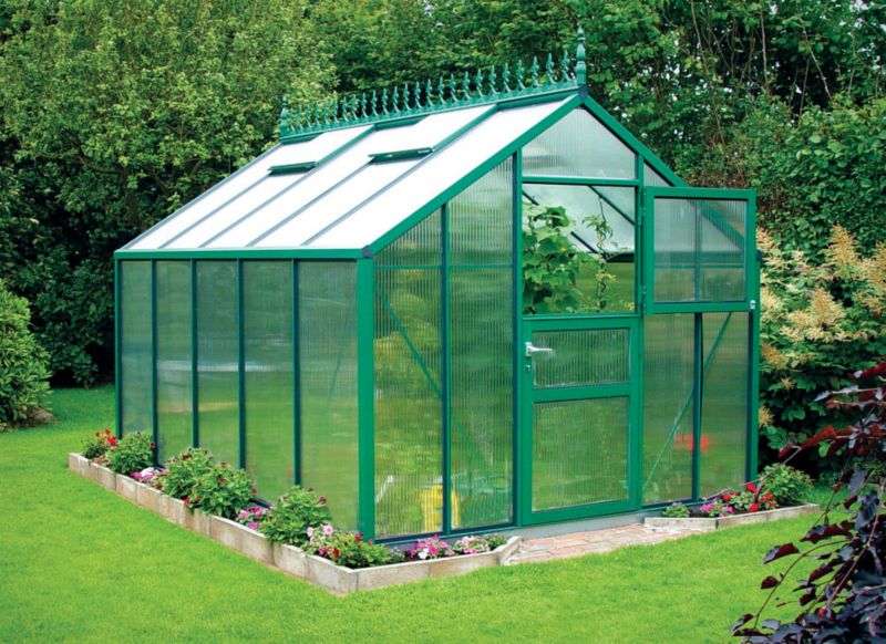 Model 9x14 - Premium Green Greenhouse - Green Aluminium Frame + Horticultural Glass + Base