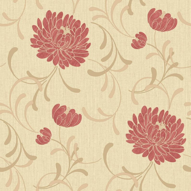 Linen Floral Wallcovering Red/Biscuit 10m