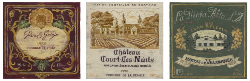 Canvas Set Of 3 Wine Labels 359 Burgundy 30 x 30cm