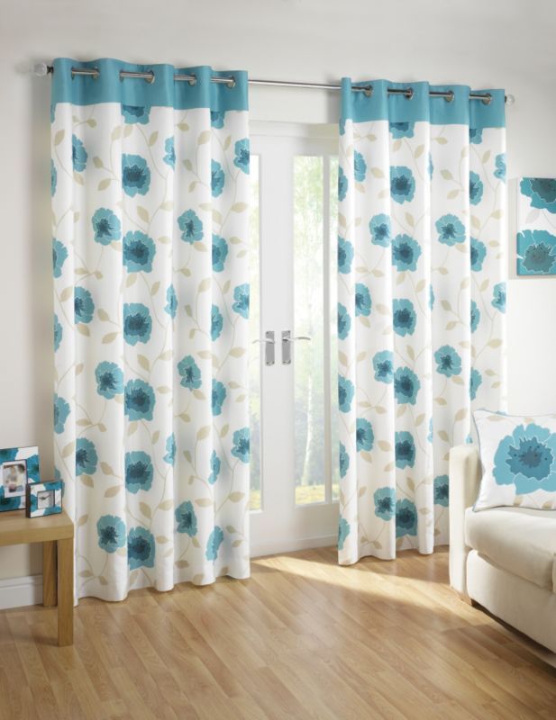 Teal Poppy Lined Eyelet Curtains 44x54`