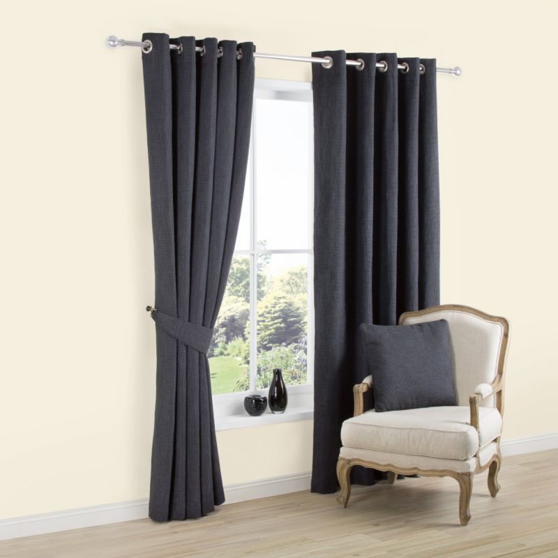 Eyelet Lined Textured Woven Curtains in Black