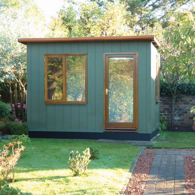 Fully Fitted Waveney Garden Office & Desk With Right Hand Door Red/Green/Maple - (H) 2.9m x (W) 3.33m x (D) 2.14m