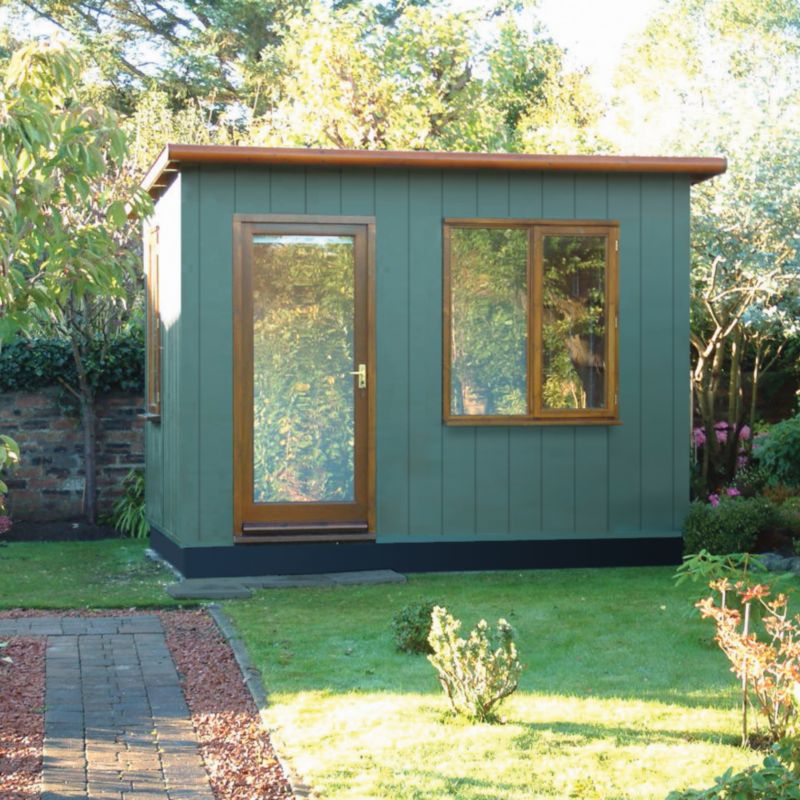 Fully Fitted Waveney Garden Office & Desk With Left Hand Door Red/Green/Maple - (H) 2.9m x (W) 3.33m x (D) 2.14m