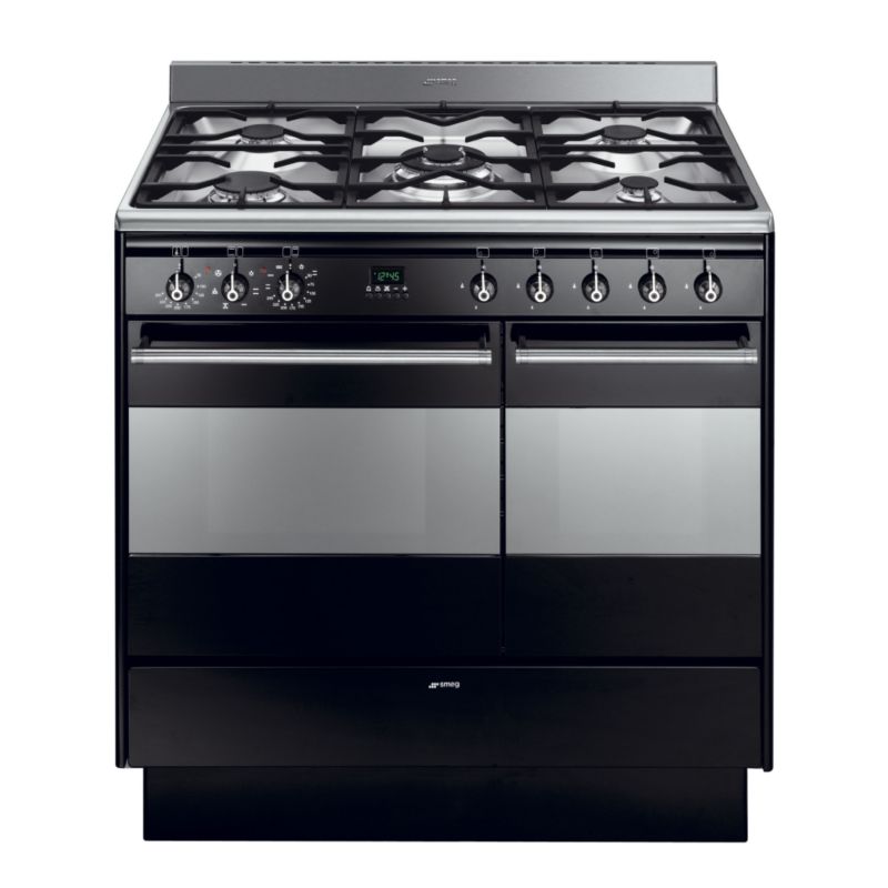 Smeg Double Oven And Gas Hob Gloss Black SUK92MBL5 900mm