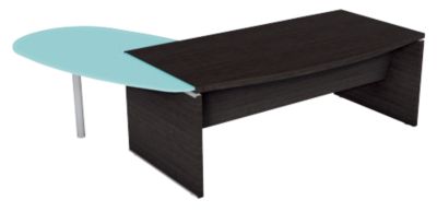 Bureau de direction avec plateau melamine arque  extension a droite en verre avec pied de soutien metallique Gamme Boston coloris wengue